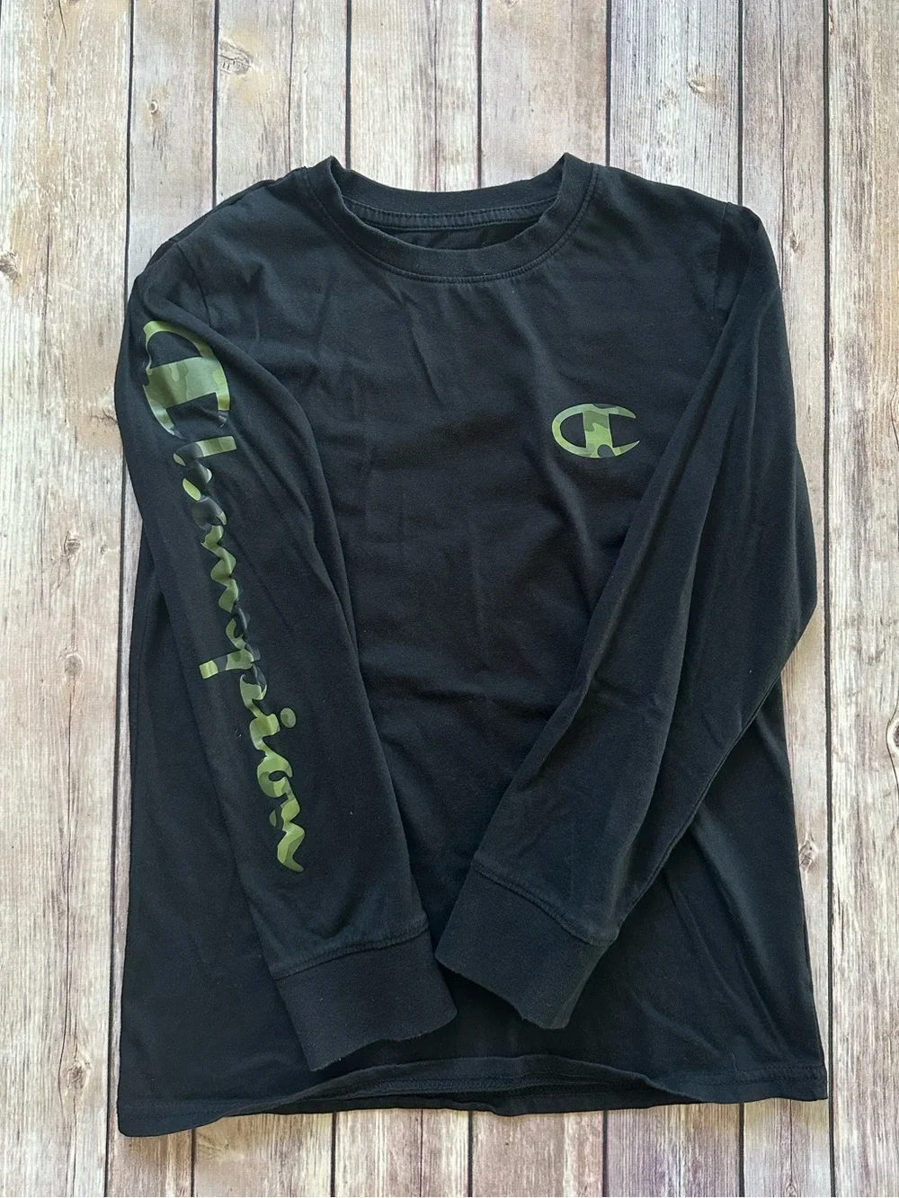 Champion Black Long Sleeve Shirt with Camo Green Logo